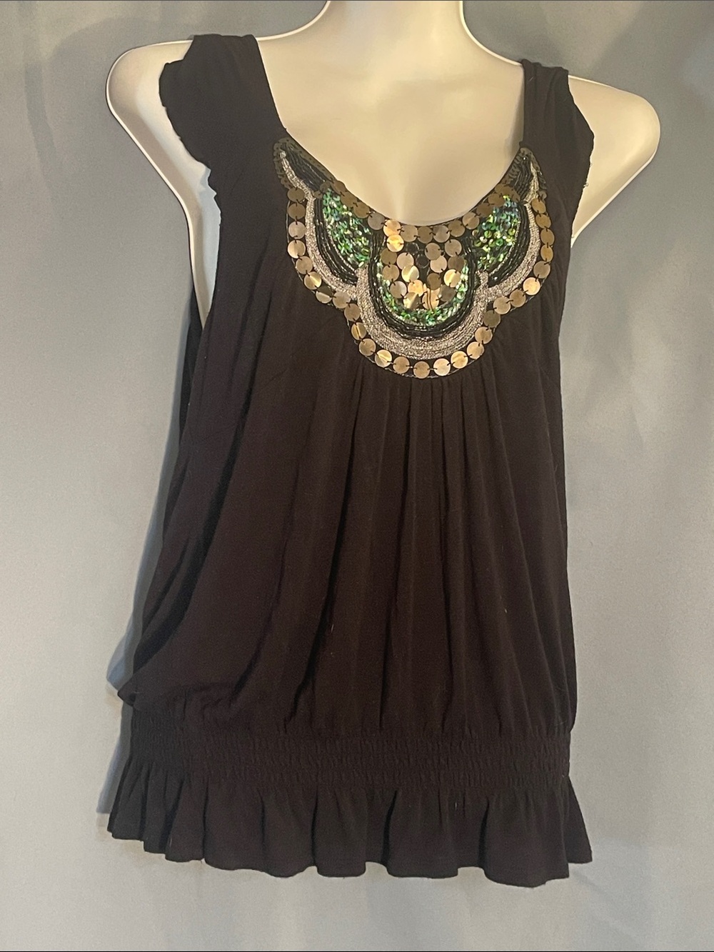 ONE WORLD Black Tank Top with Gold Sequin & Green Bead Embellishment